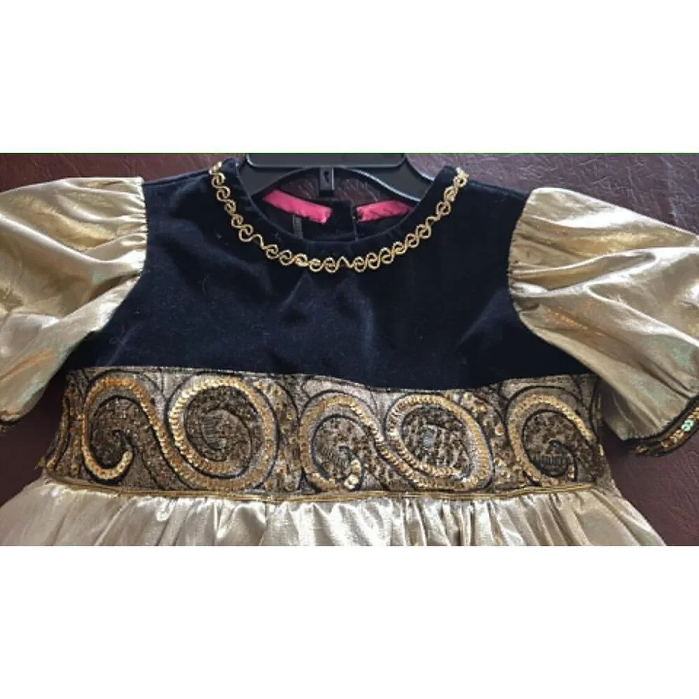 Girl Home Made Dress Gold and Black no tag size 8-10